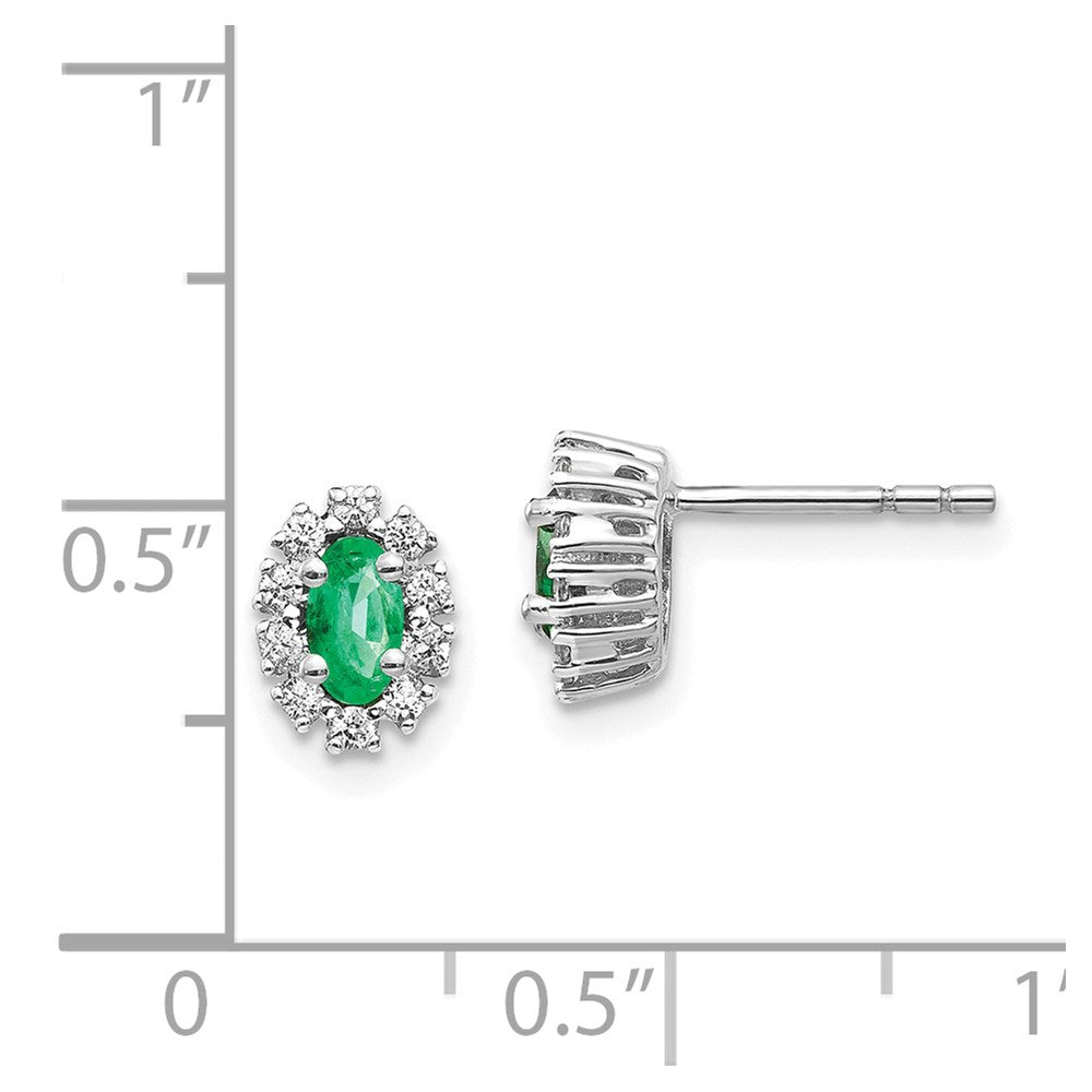 Solid 14k White Gold 1/5Ct Simulated CZ and Emerald Oval Halo Earrings