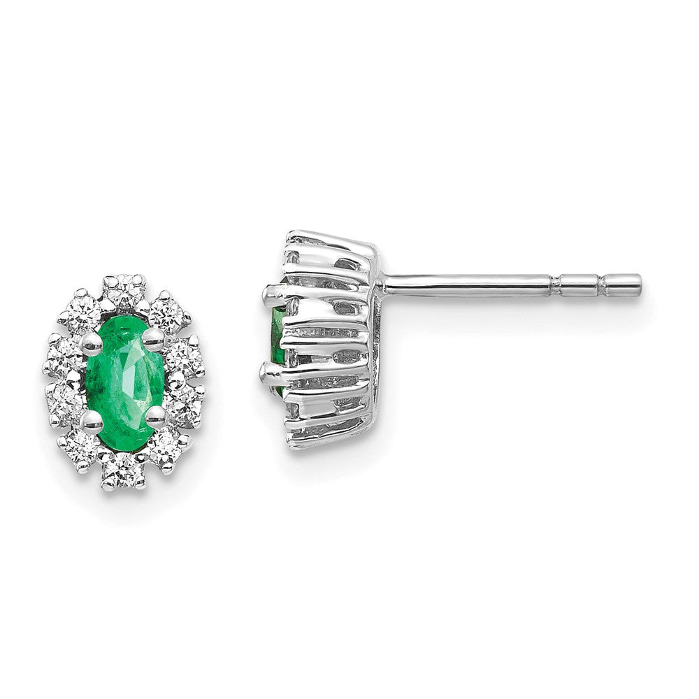 Solid 14k White Gold 1/5Ct Simulated CZ and Emerald Oval Halo Earrings