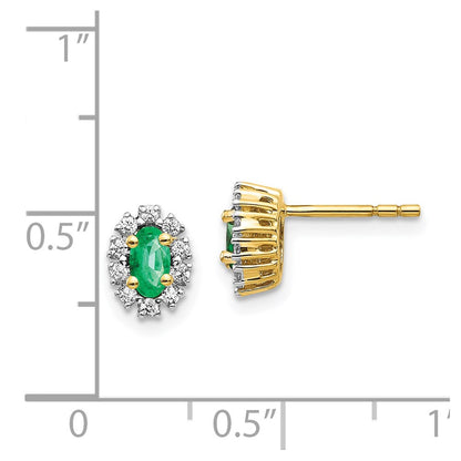 Solid 14k Yellow Gold 1/5Ct Simulated CZ and Emerald Oval Halo Earrings