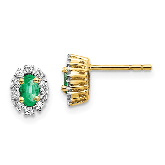 Solid 14k Yellow Gold 1/5Ct Simulated CZ and Emerald Oval Halo Earrings