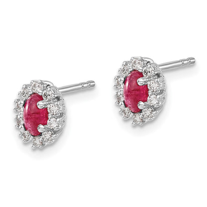 Solid 14k White Gold Simulated CZ and Ruby Oval Halo Earrings