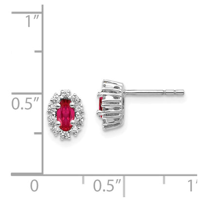 Solid 14k White Gold Simulated CZ and Ruby Oval Halo Earrings