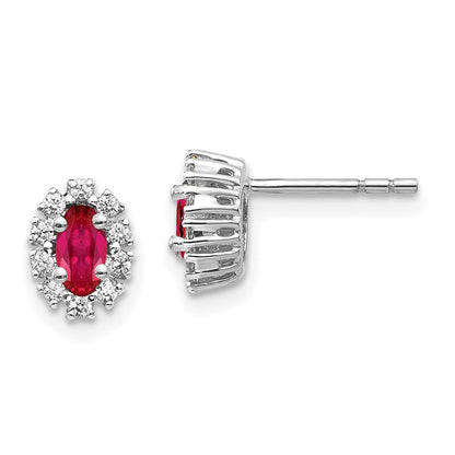 Solid 14k White Gold Simulated CZ and Ruby Oval Halo Earrings