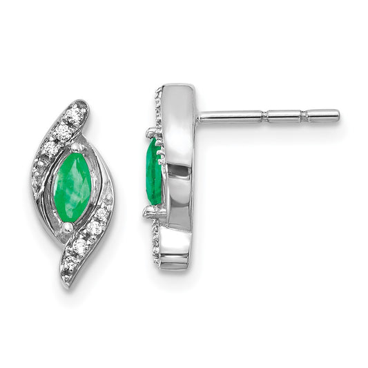 Solid 14k White Gold 1/15Ct Simulated CZ and Emerald Earrings