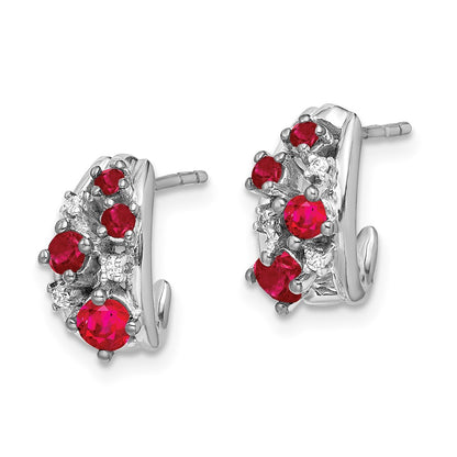 Solid 14k White Gold Simulated CZ and Ruby Polished Post Hoop Earrings