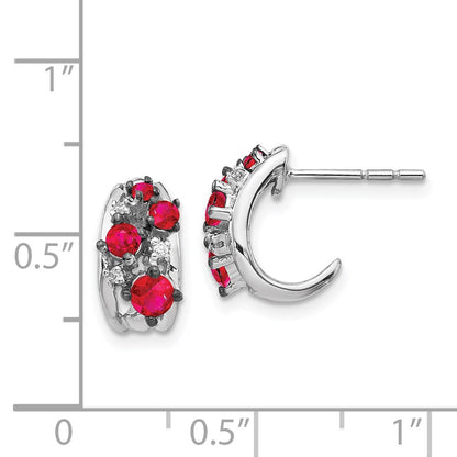 Solid 14k White Gold Simulated CZ and Ruby Polished Post Hoop Earrings