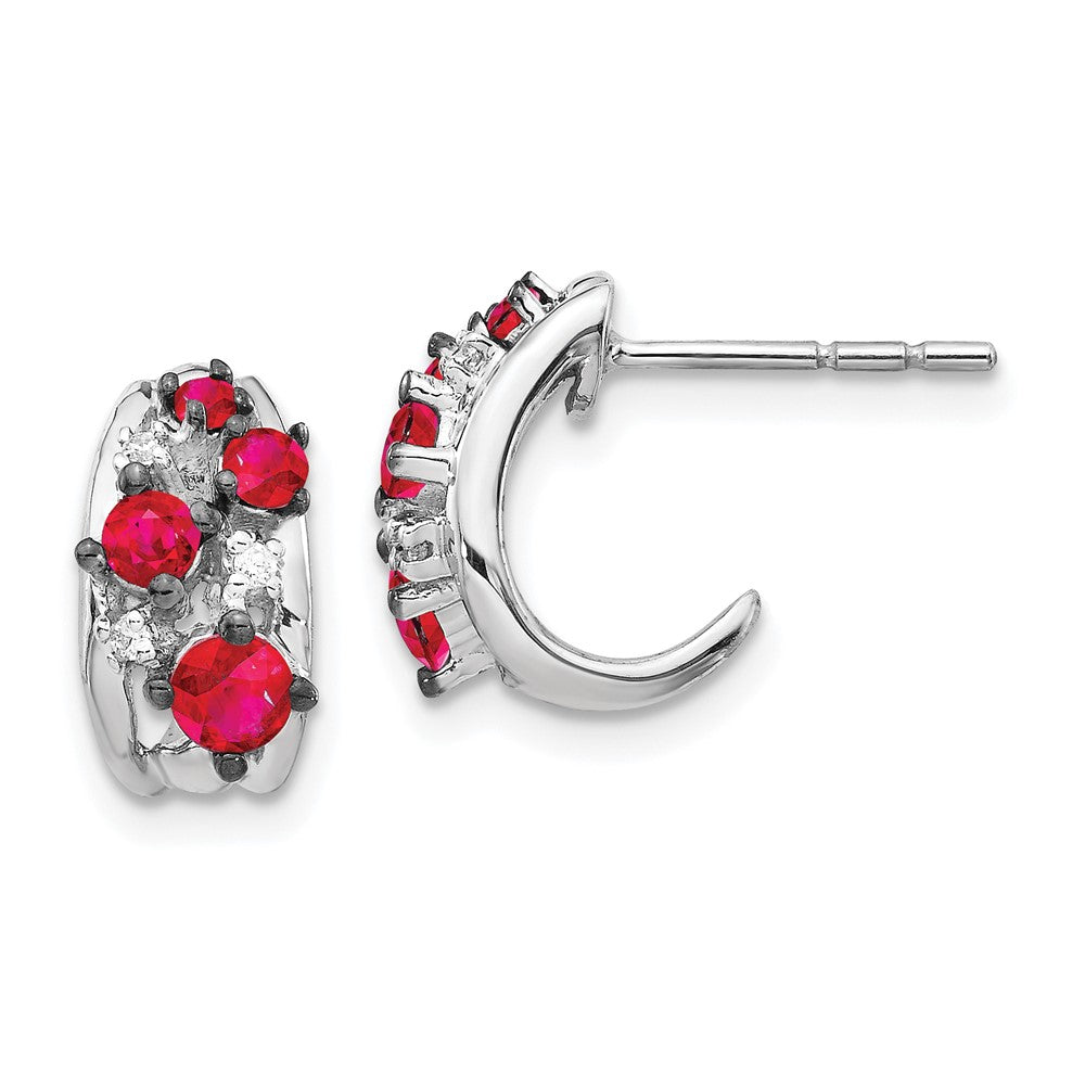 Solid 14k White Gold Simulated CZ and Ruby Polished Post Hoop Earrings