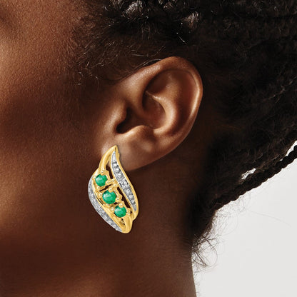 Solid 14k Yellow Gold w/ Simulated Emerald and CZ Polished Post Earrings