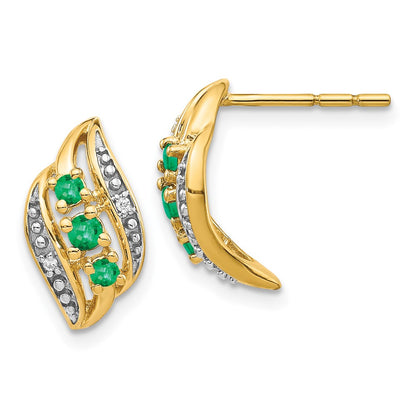 Solid 14k Yellow Gold w/ Simulated Emerald and CZ Polished Post Earrings
