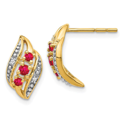 14k Yellow Gold w/ Siam Ruby and Real Diamond Polished Post Earrings EM5596-RU-002-YA