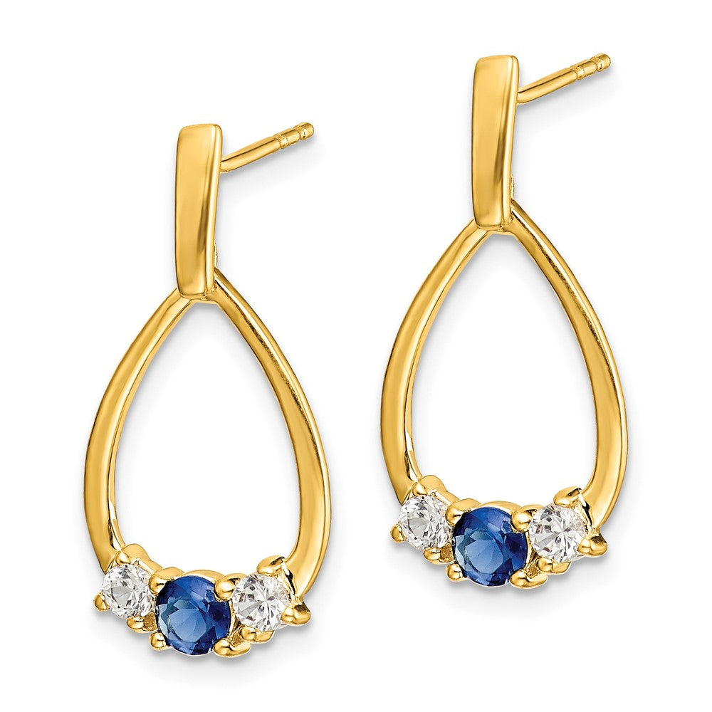 Solid 14k Yellow Gold Blue and White Simulated Sapphire Post Dangle Earrings