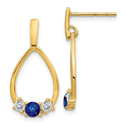 Solid 14k Yellow Gold Blue and White Simulated Sapphire Post Dangle Earrings