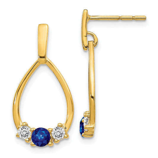 Solid 14k Yellow Gold Blue and White Simulated Sapphire Post Dangle Earrings