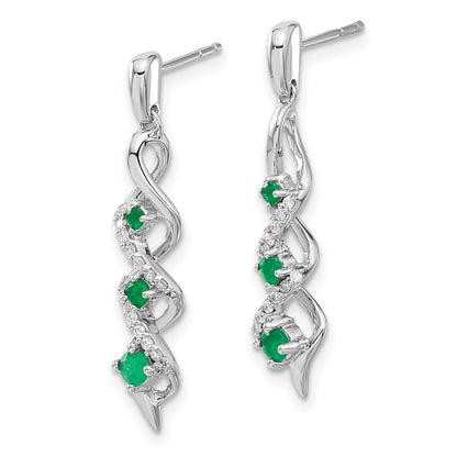 Solid 14k White Gold Simulated CZ and Emerald Post Dangle Earrings