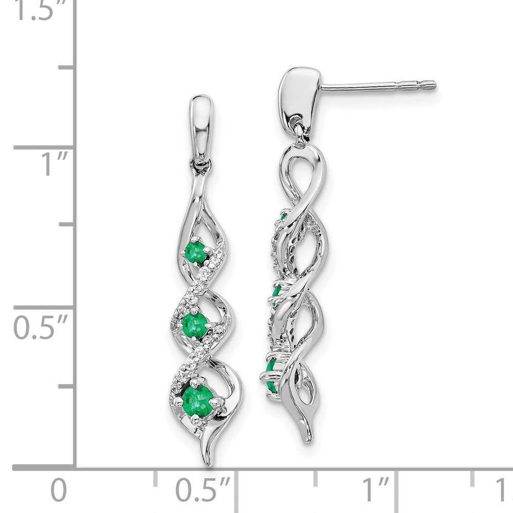 Solid 14k White Gold Simulated CZ and Emerald Post Dangle Earrings