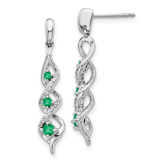 Solid 14k White Gold Simulated CZ and Emerald Post Dangle Earrings