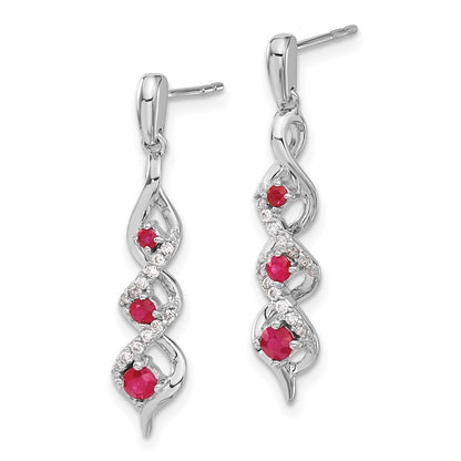 Solid 14k White Gold Simulated CZ and Ruby Post Dangle Earrings