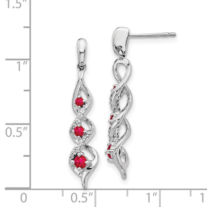 Solid 14k White Gold Simulated CZ and Ruby Post Dangle Earrings