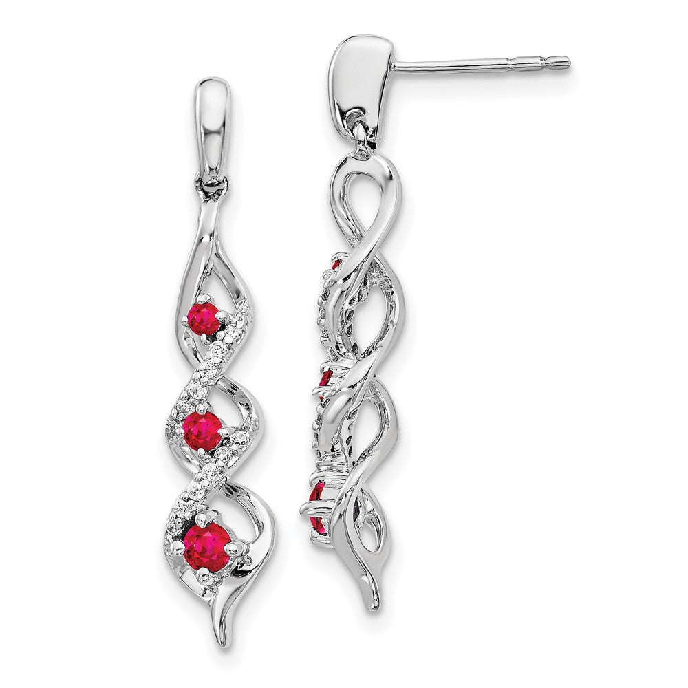 Solid 14k White Gold Simulated CZ and Ruby Post Dangle Earrings