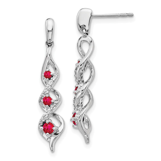 Solid 14k White Gold Simulated CZ and Ruby Post Dangle Earrings