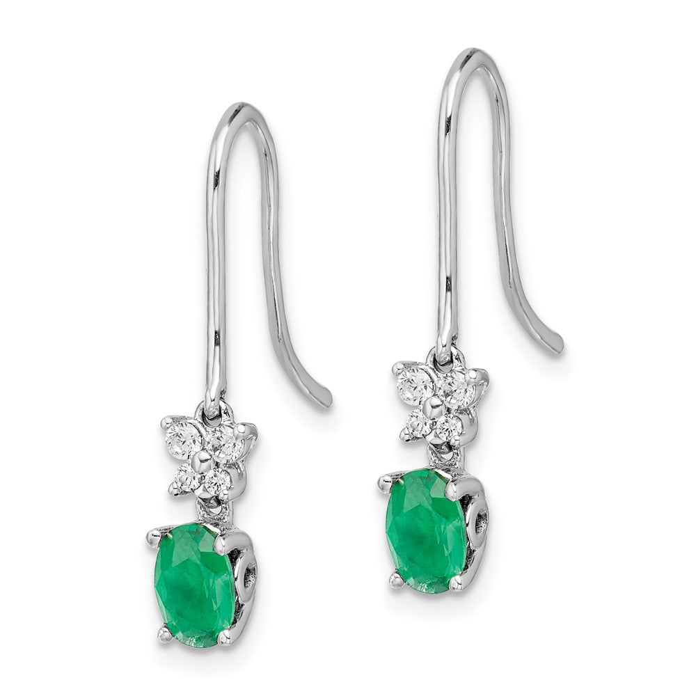 Solid 14k White Gold 1/8ct Simulated CZ and Oval Emerald Dangle Earrings