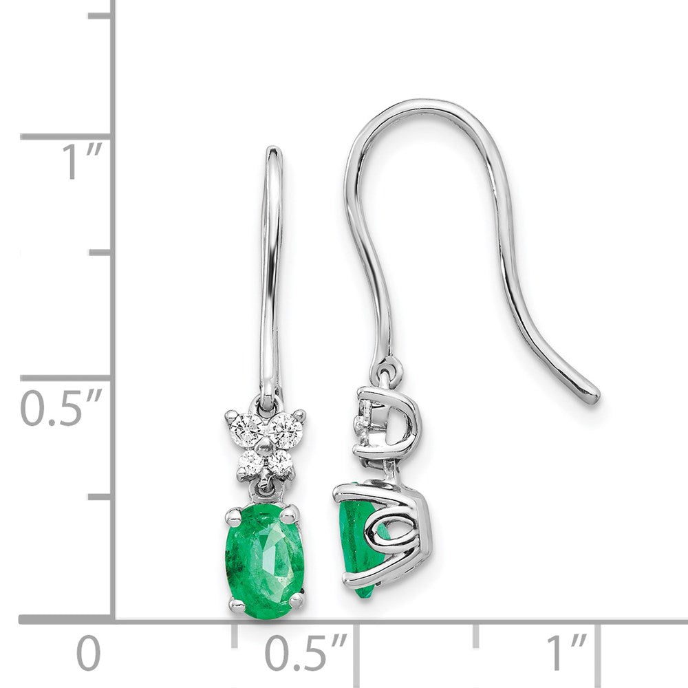Solid 14k White Gold 1/8ct Simulated CZ and Oval Emerald Dangle Earrings