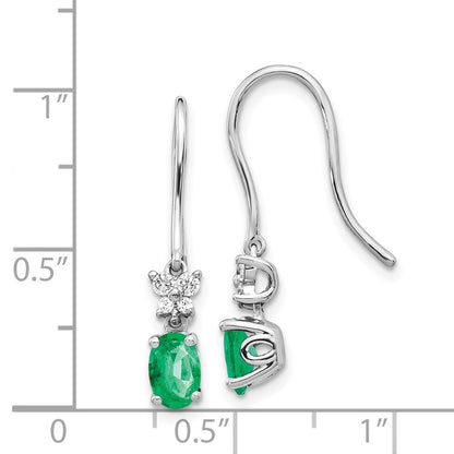 Solid 14k White Gold 1/8ct Simulated CZ and Oval Emerald Dangle Earrings