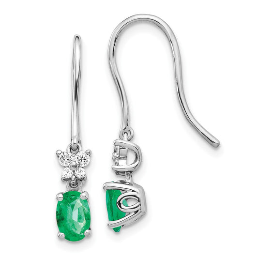 Solid 14k White Gold 1/8ct Simulated CZ and Oval Emerald Dangle Earrings