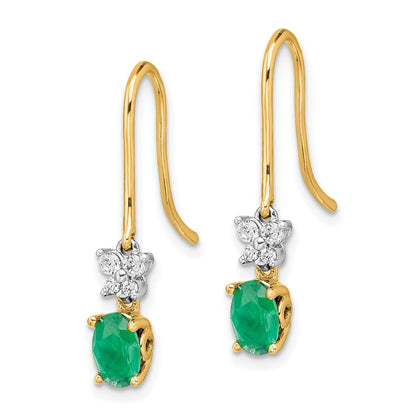 Solid 14k Two-tone 1/8ct Simulated CZ and Oval Emerald Shepherd HooK Earrings