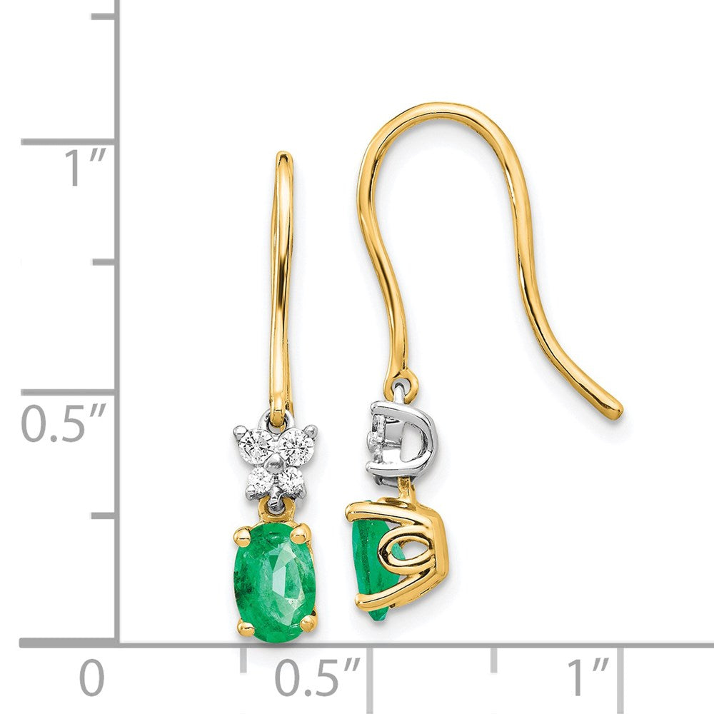 Solid 14k Two-tone 1/8ct Simulated CZ and Oval Emerald Shepherd HooK Earrings