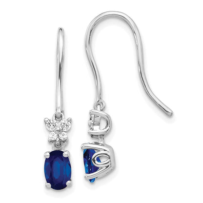 Solid 14k White Gold Simulated CZ and Oval Sapphire Shepherd HooK Earrings