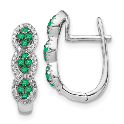 Solid 14k White Gold Simulated CZ and Emerald Hinged Earrings