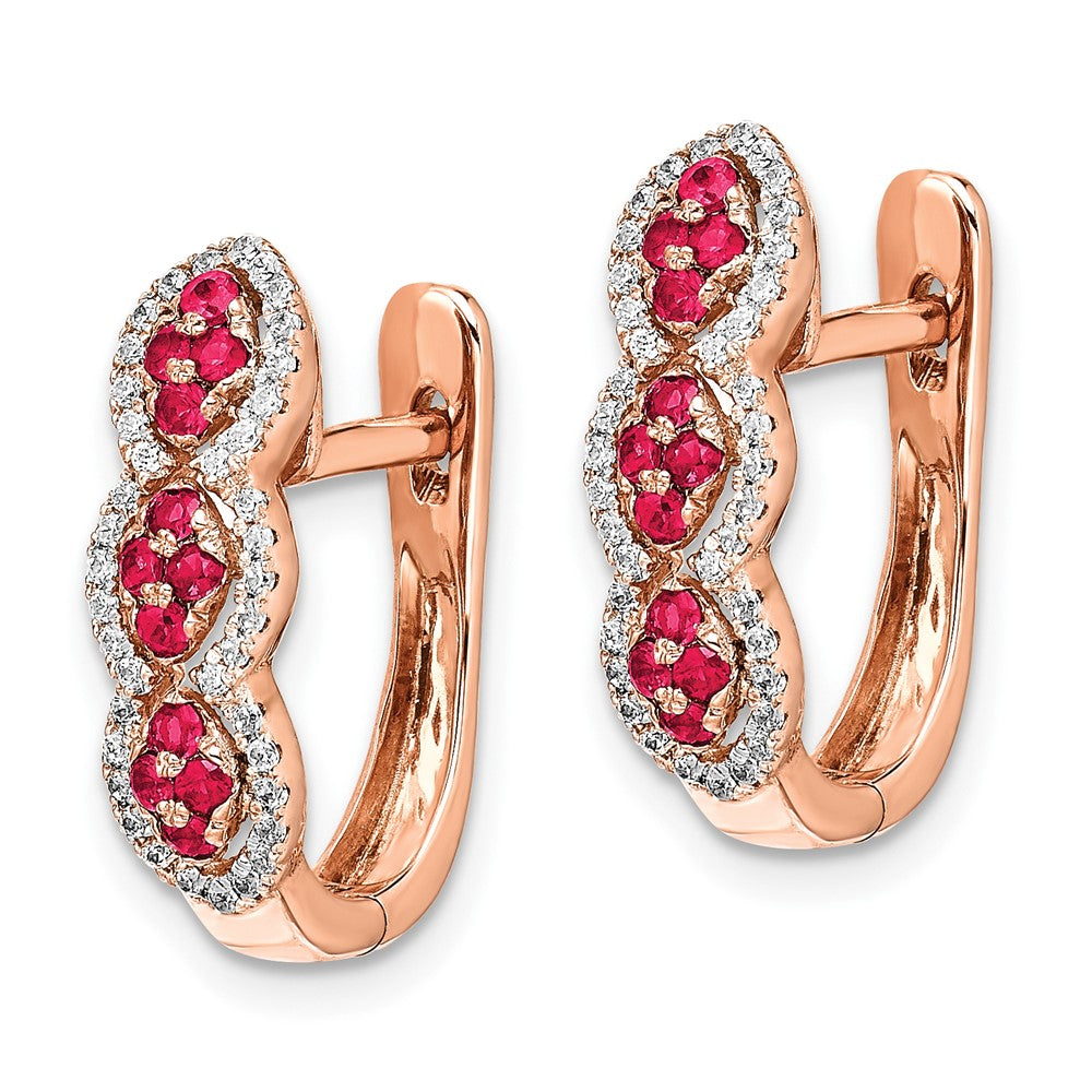 Solid 14k Rose Gold Simulated CZ and Ruby Hinged Earrings