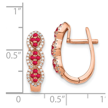 Solid 14k Rose Gold Simulated CZ and Ruby Hinged Earrings