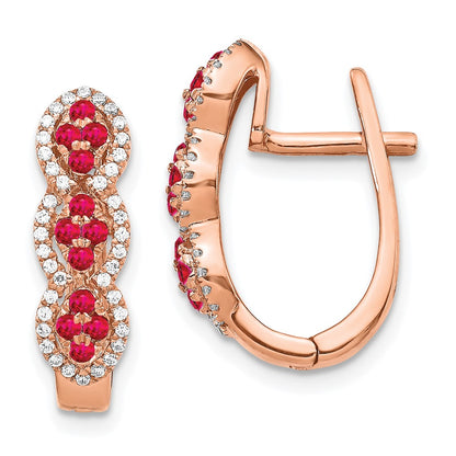 Solid 14k Rose Gold Simulated CZ and Ruby Hinged Earrings