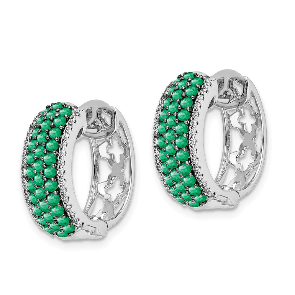 Solid 14k White Gold Simulated CZ and Emerald Hinged Hoop Earrings