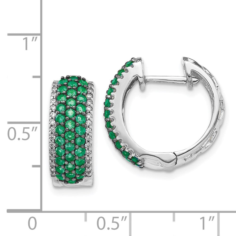 Solid 14k White Gold Simulated CZ and Emerald Hinged Hoop Earrings