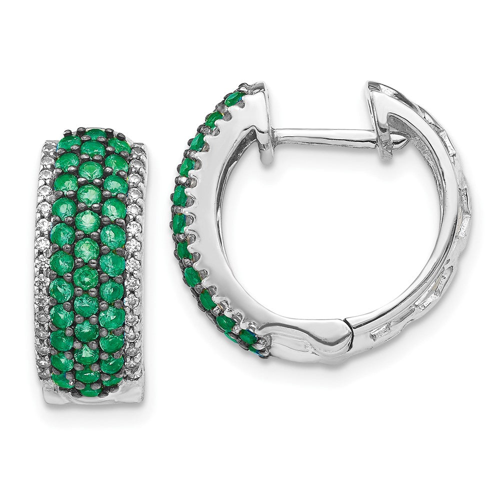 Solid 14k White Gold Simulated CZ and Emerald Hinged Hoop Earrings