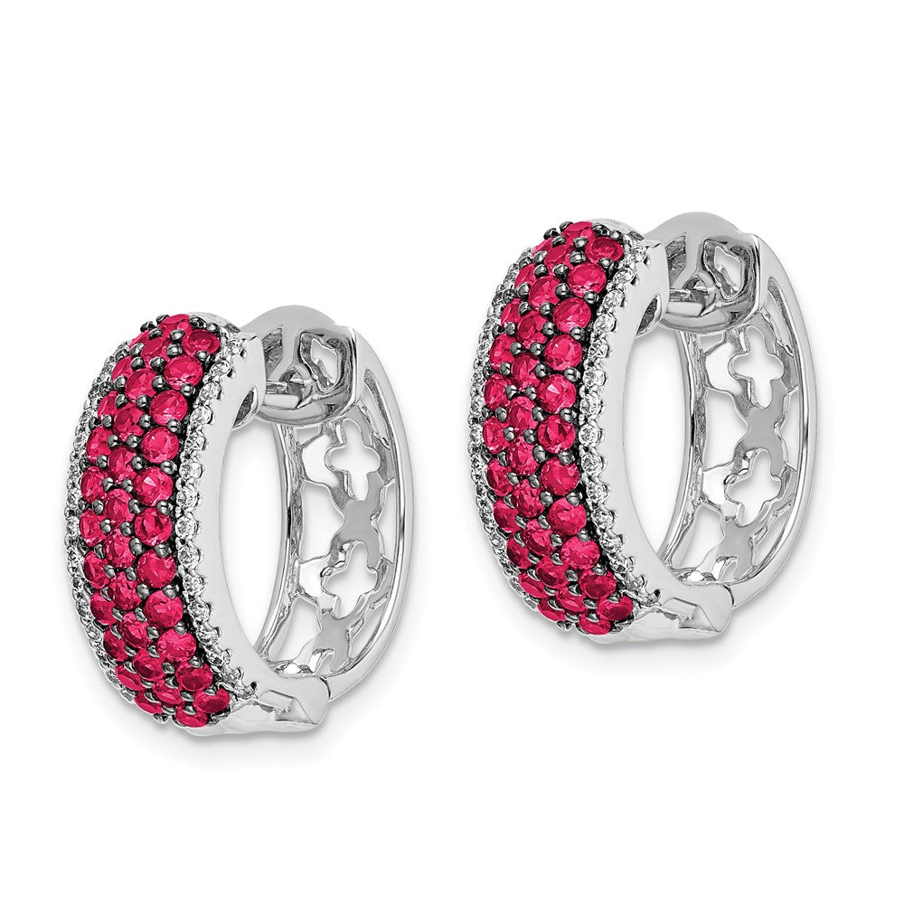 Solid 14k White Gold Simulated CZ and Ruby Hinged Hoop Earrings