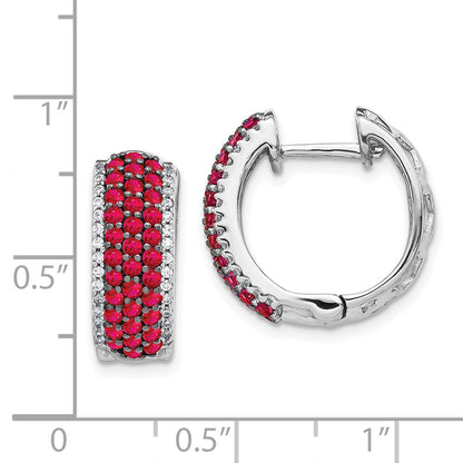 Solid 14k White Gold Simulated CZ and Ruby Hinged Hoop Earrings