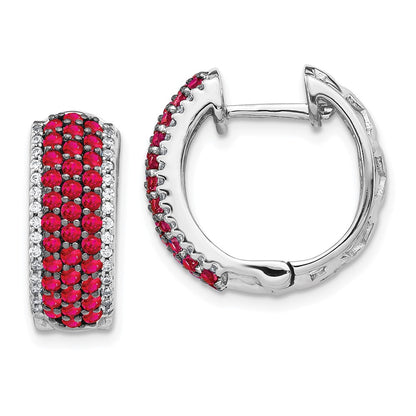 Solid 14k White Gold Simulated CZ and Ruby Hinged Hoop Earrings