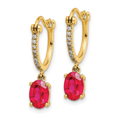 Solid 14k Yellow Gold 1/10ct Simulated CZ and Ruby Dangle Hoop Earrings