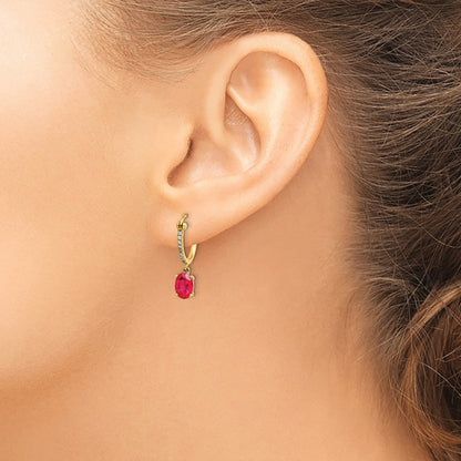 Solid 14k Yellow Gold 1/10ct Simulated CZ and Ruby Dangle Hoop Earrings