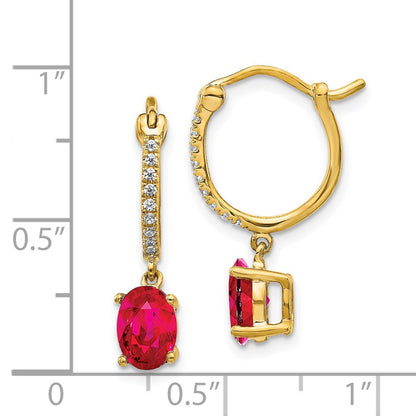 Solid 14k Yellow Gold 1/10ct Simulated CZ and Ruby Dangle Hoop Earrings