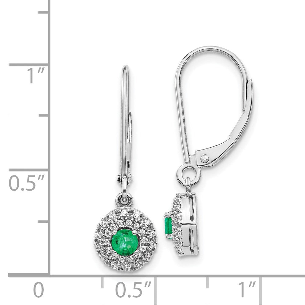 Solid 14k White Gold Simulated CZ Halo Emerald LeverbacK Dangle Earrings