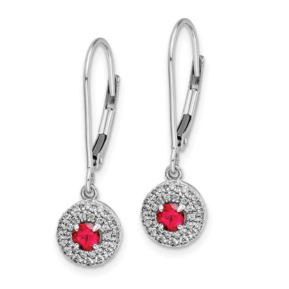 Solid 14k White Gold Simulated CZ Halo Ruby LeverbacK Dangle Earrings
