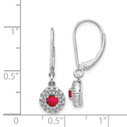 Solid 14k White Gold Simulated CZ Halo Ruby LeverbacK Dangle Earrings