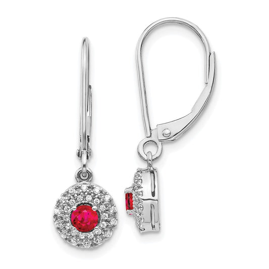 Solid 14k White Gold Simulated CZ Halo Ruby LeverbacK Dangle Earrings