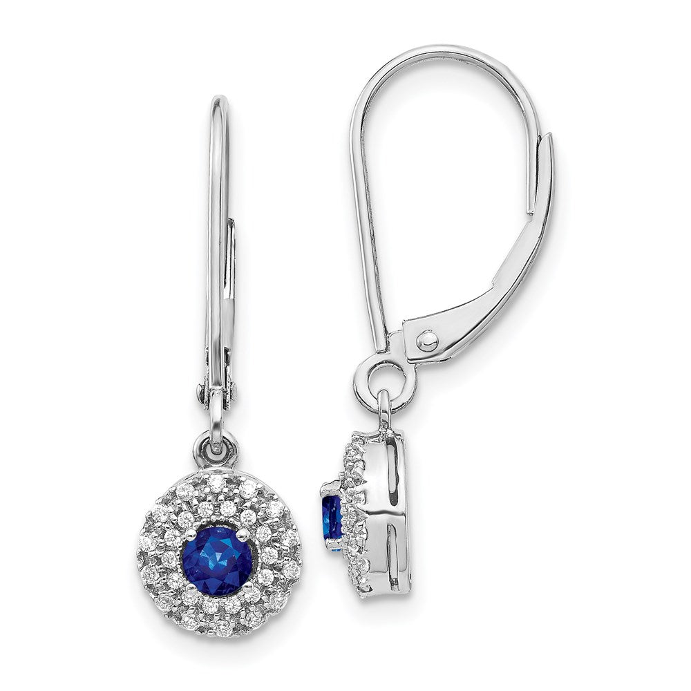 14k White Gold Real Diamond Halo Sapphire Leverback Dangle Earrings EM5605-SA-020-WA