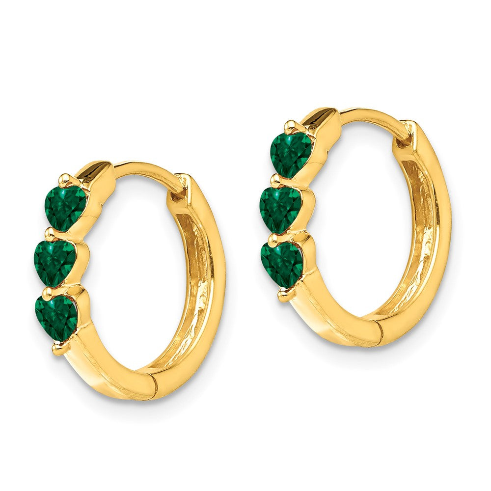 Solid 14k Yellow Gold Created Simulated Emerald Polished Hinged Hoop Earrings